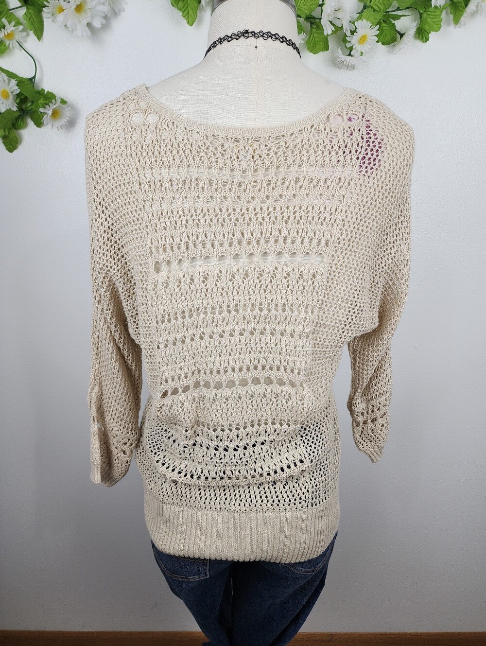 Charming Charlie Beige Open-Knit Sweater - Gold Sparkle - Cold Shoulder Sz XL - Picture 5 of 7